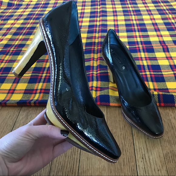 Celine Yellow Brown Black High Heels Stitching - Picture 2 of 8